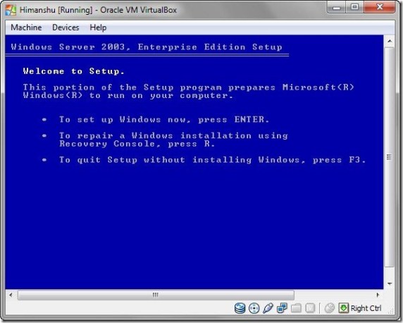 how to install windows server 2003 in virtualbox